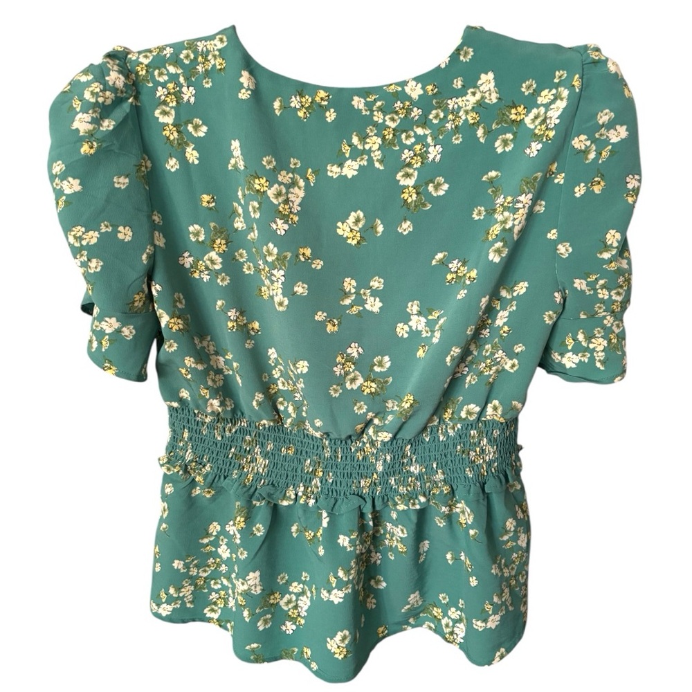 Floral Cottagecore Bluish Turquoise Blouse with Ruffle Sleeves, Size Medium - Picture 4 of 7